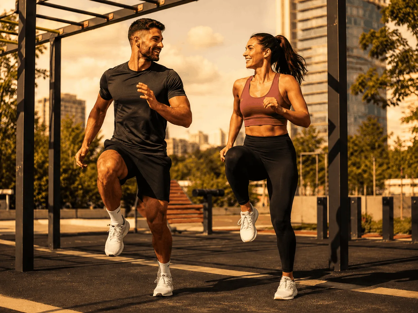 Two athletes doing high-knee drills together at an outdoor training park